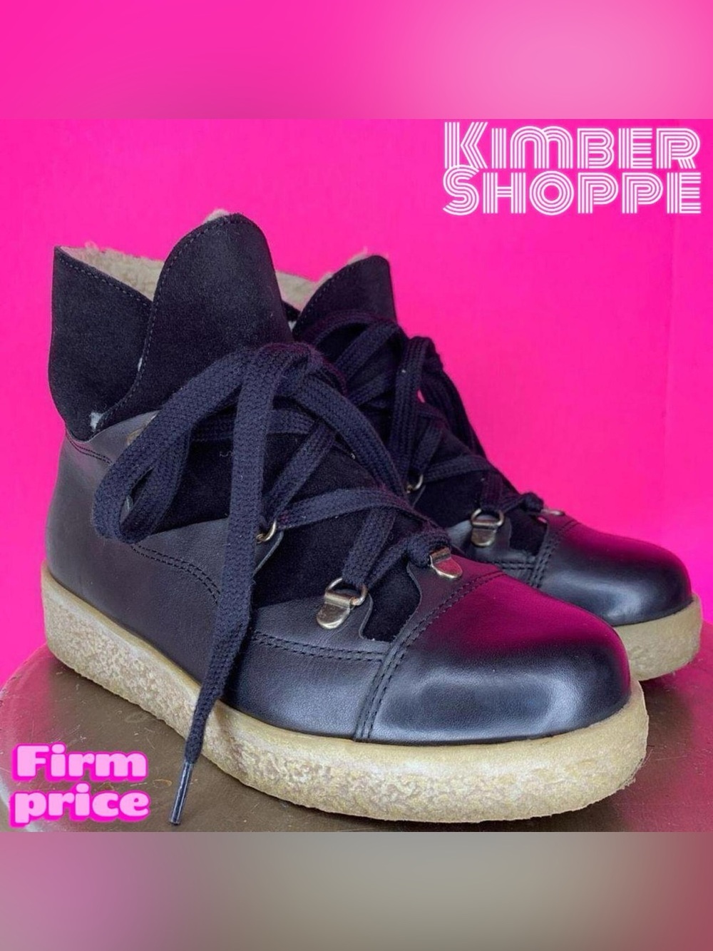 Ganni Masha Texas Black Leather Shearling Platform Lace-Up Hiker Boots US 6 UK 3